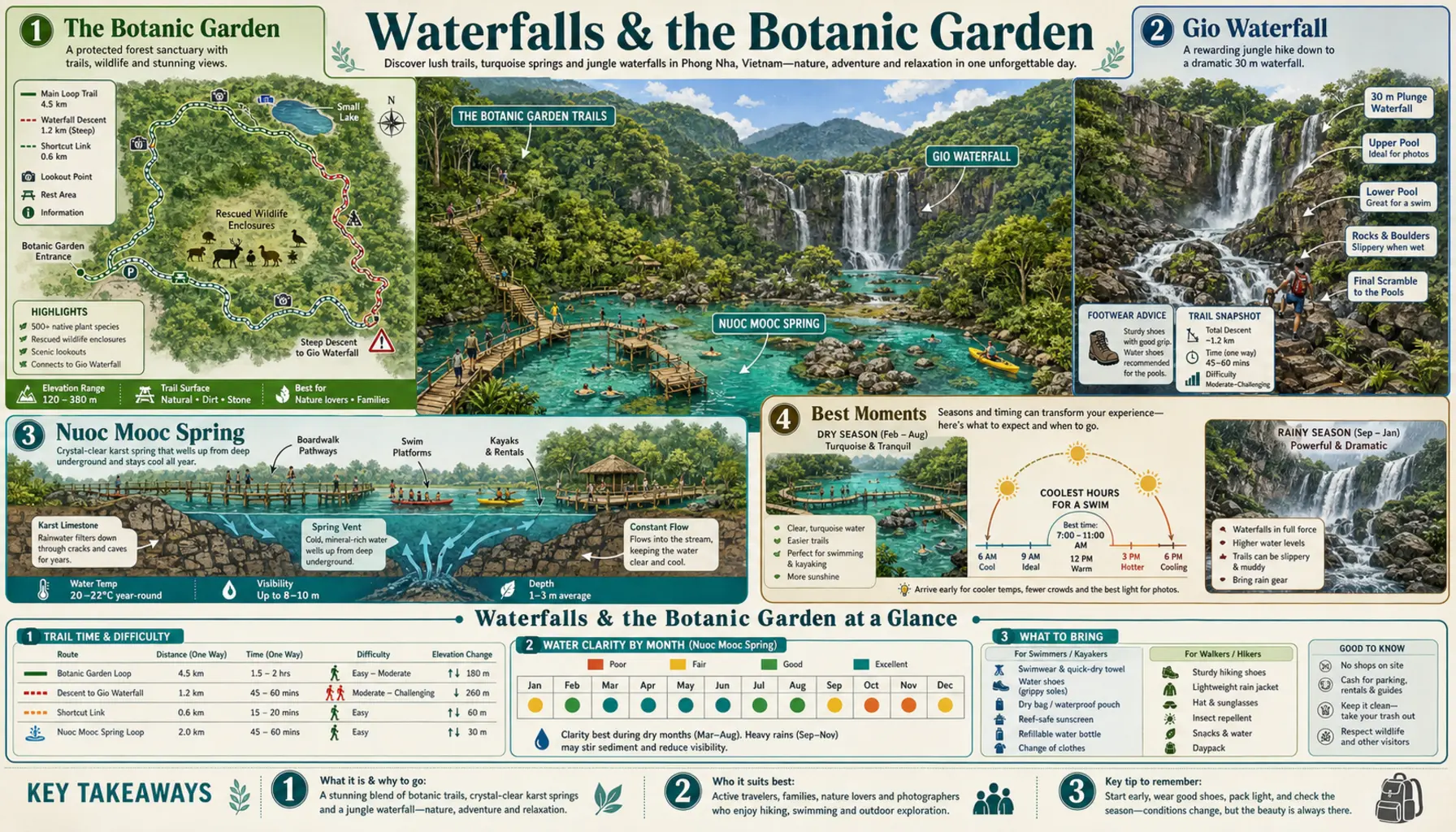 Travel infographic guide poster: Waterfalls & the Botanic Garden in Phong Nha