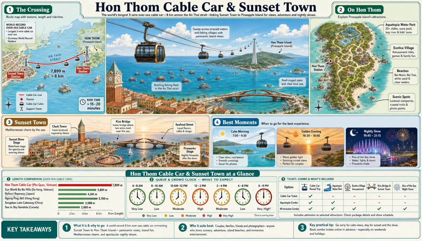 Travel infographic guide poster: Hon Thom Cable Car & Sunset Town in Phu Quoc & Con Dao