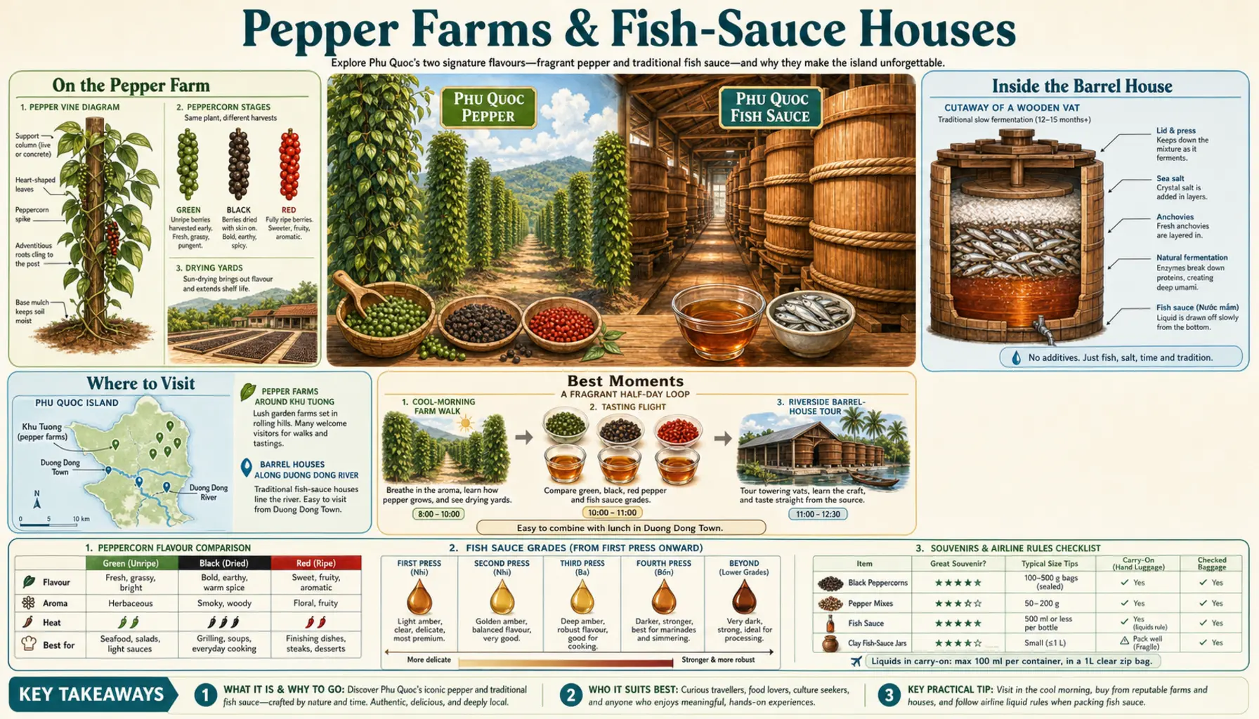 Travel infographic guide poster: Pepper Farms & Fish-Sauce Houses in Phu Quoc & Con Dao