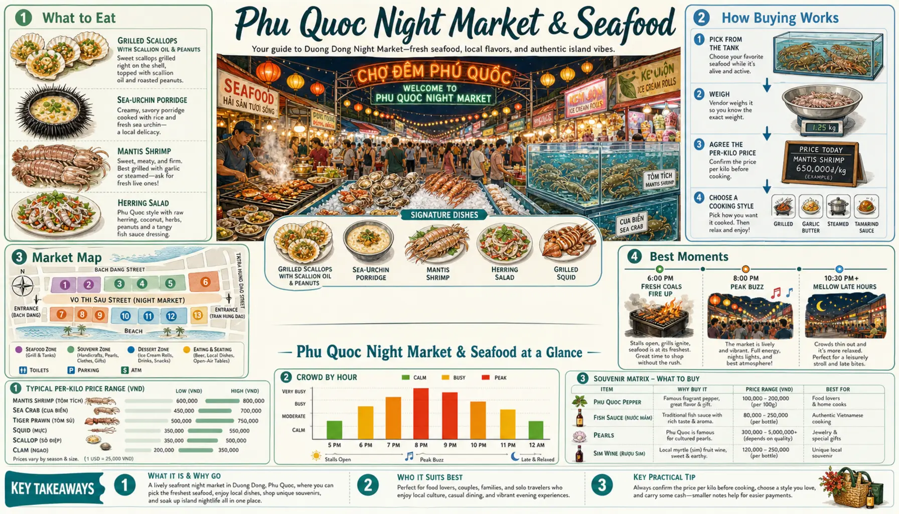 Travel infographic guide poster: Phu Quoc Night Market & Seafood in Phu Quoc & Con Dao