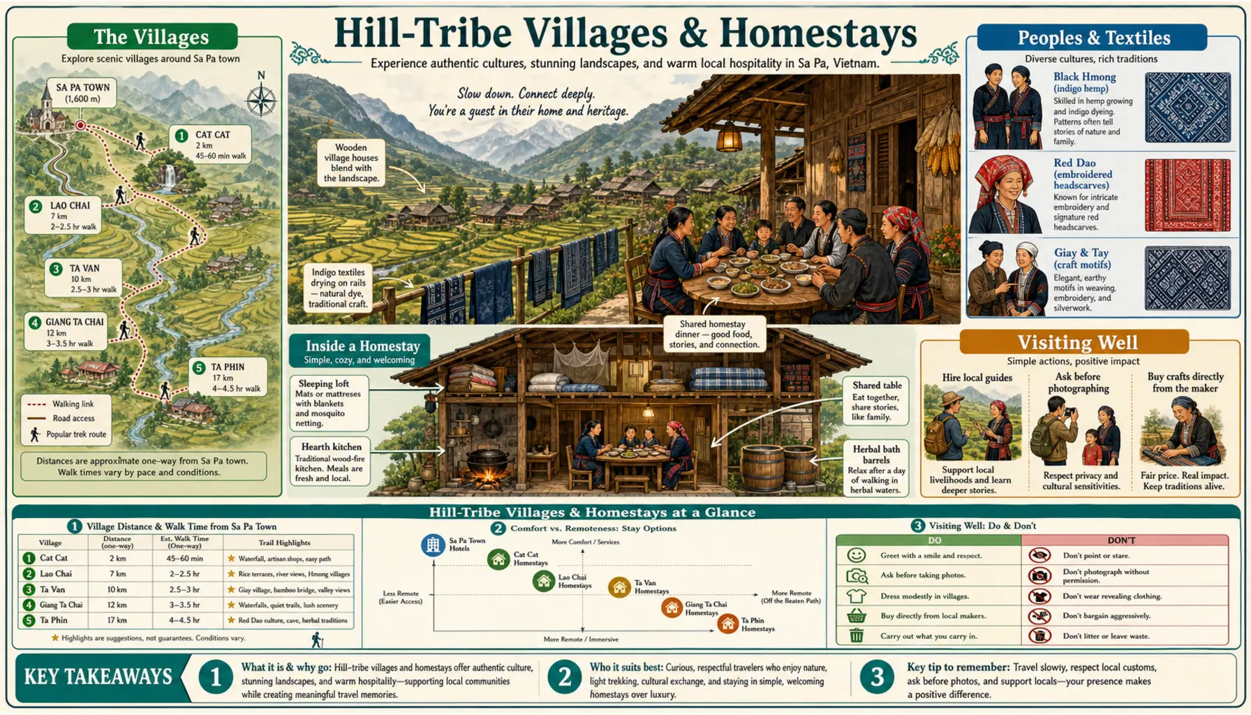 Travel infographic guide poster: Hill-Tribe Villages & Homestays in Sa Pa