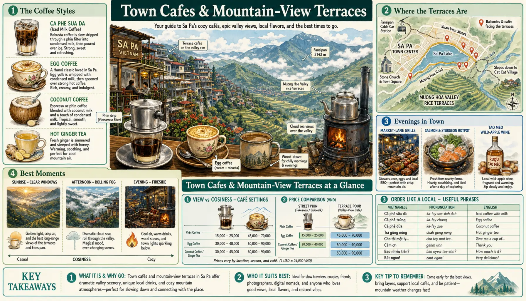 Travel infographic guide poster: Town Cafes & Mountain-View Terraces in Sa Pa